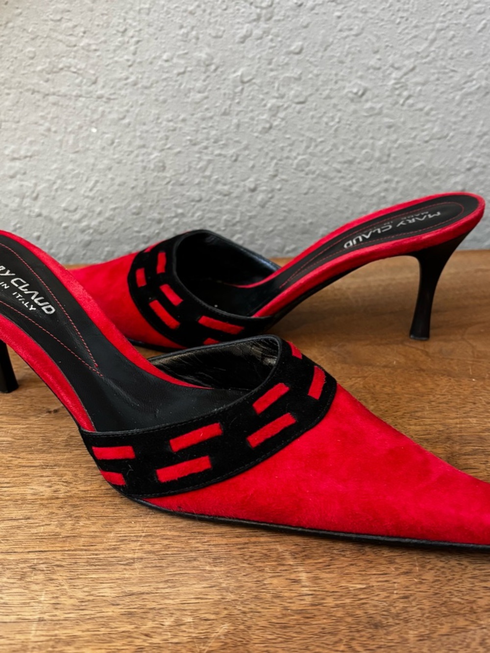 Vintage Mary Claud Red Suede Black Velvet Kitten Heel Mules 7